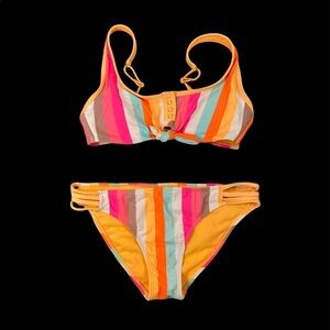 California Sunshine Striped Neon Orange Pink Tie Button Bikini Set